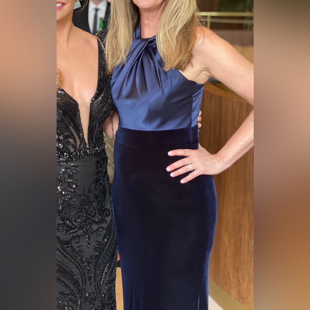 Eliza J long gown. Size 6. Sleeveless and navy blue with velvet.